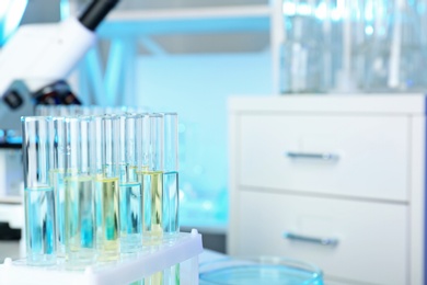 Rack with test tubes in laboratory. Chemical analysis