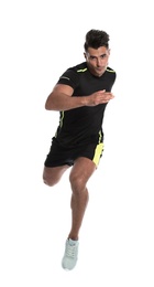 Photo of Sporty young man running on white background