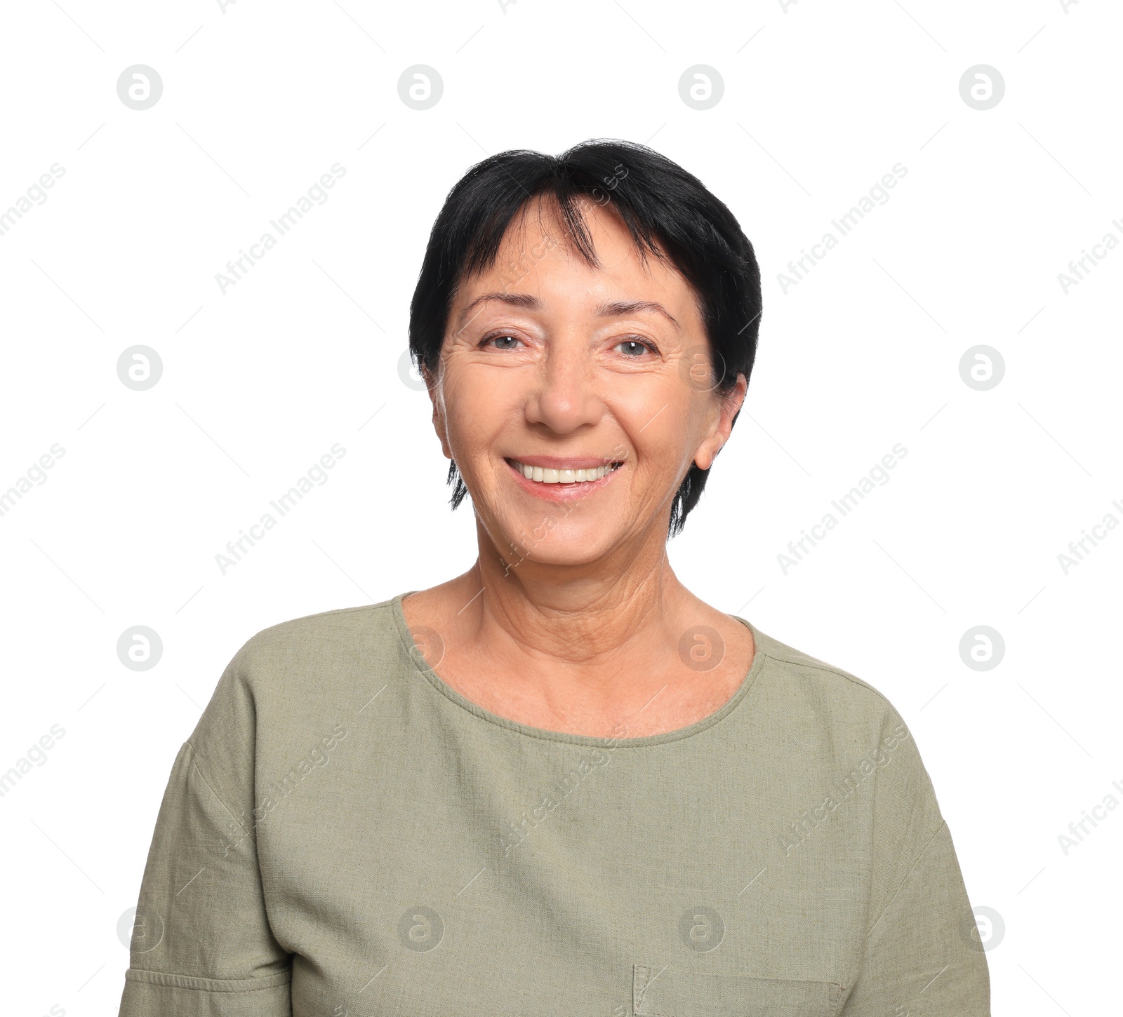 Photo of Portrait of smiling senior woman on white background