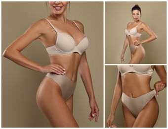 Image of Collage with photos of woman wearing beige underwear on color background