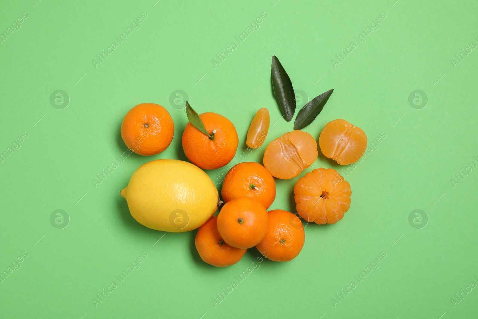 Photo of Different citrus fruits on green background, flat lay