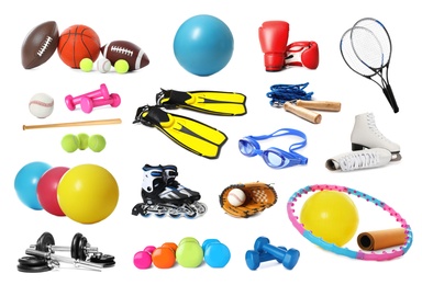 Image of Set of different sport equipment on white background