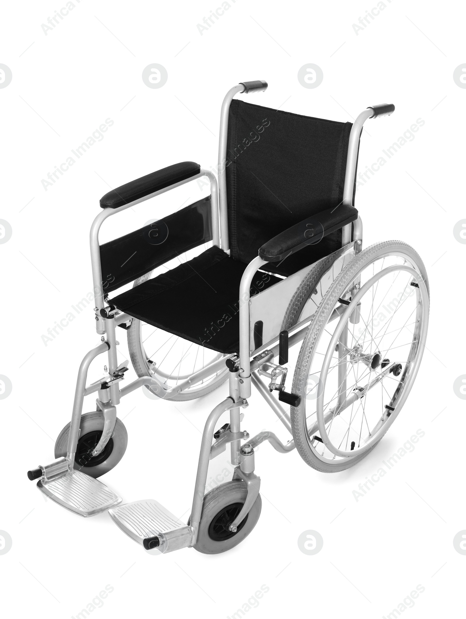 Photo of New modern empty wheelchair on white background