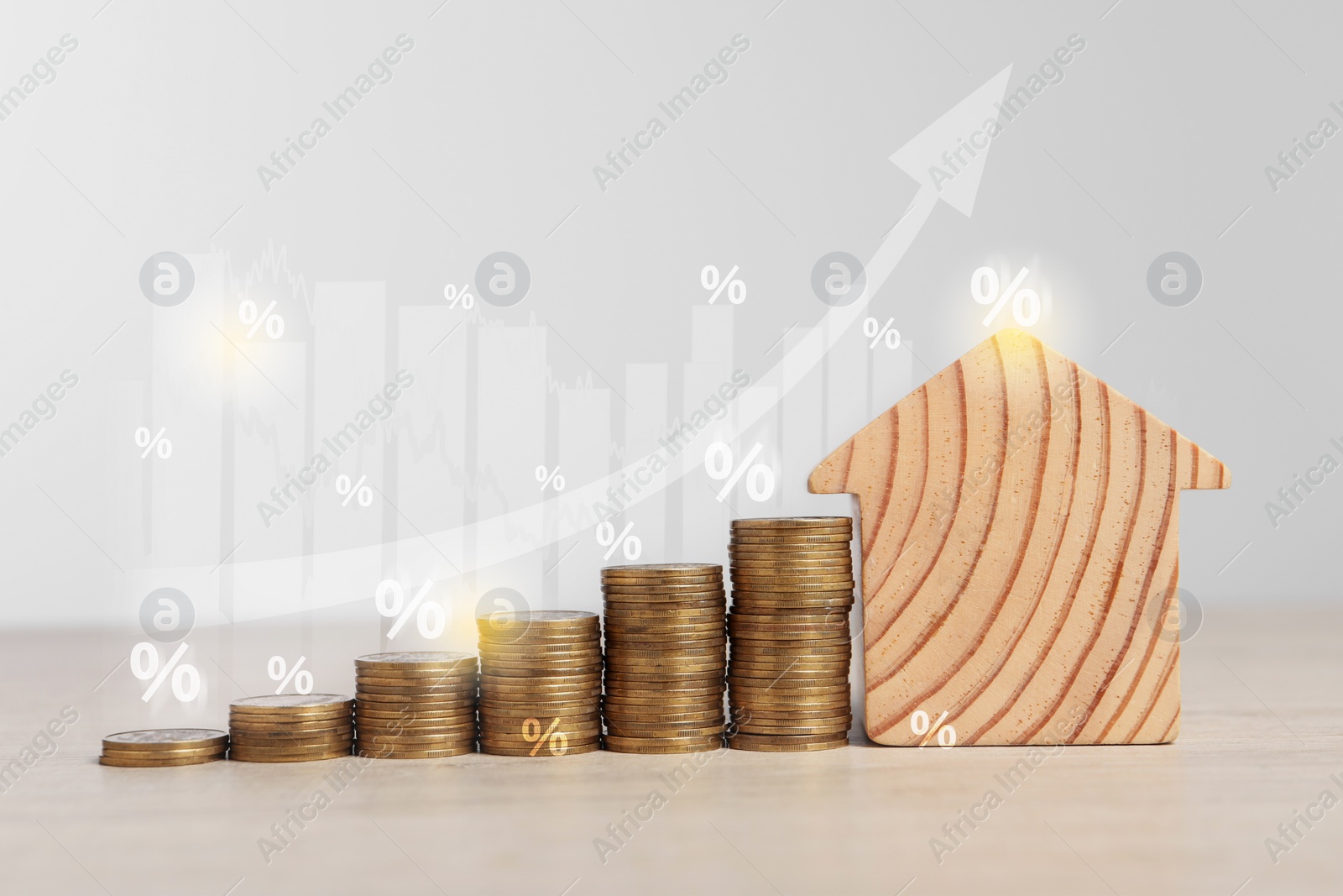 Image of Mortgage rate. Model of house, stacked coins, graph, percent signs and arrow