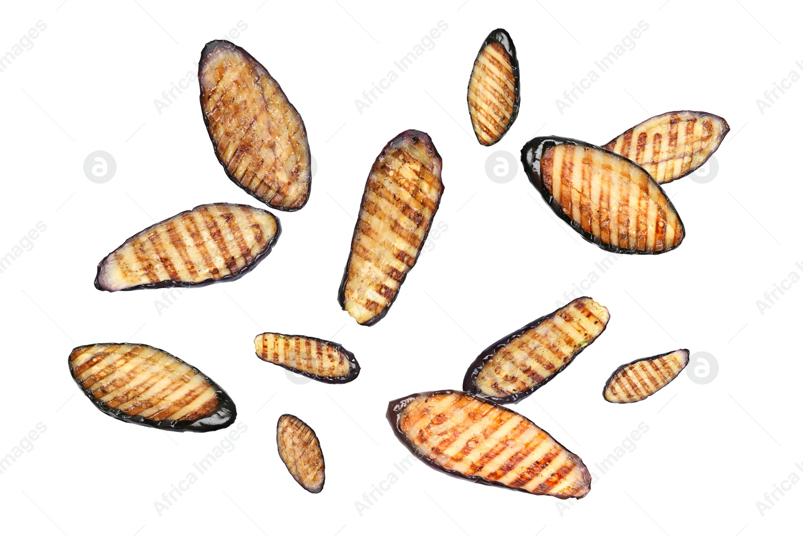 Image of Slices of grilled eggplants in air on white background