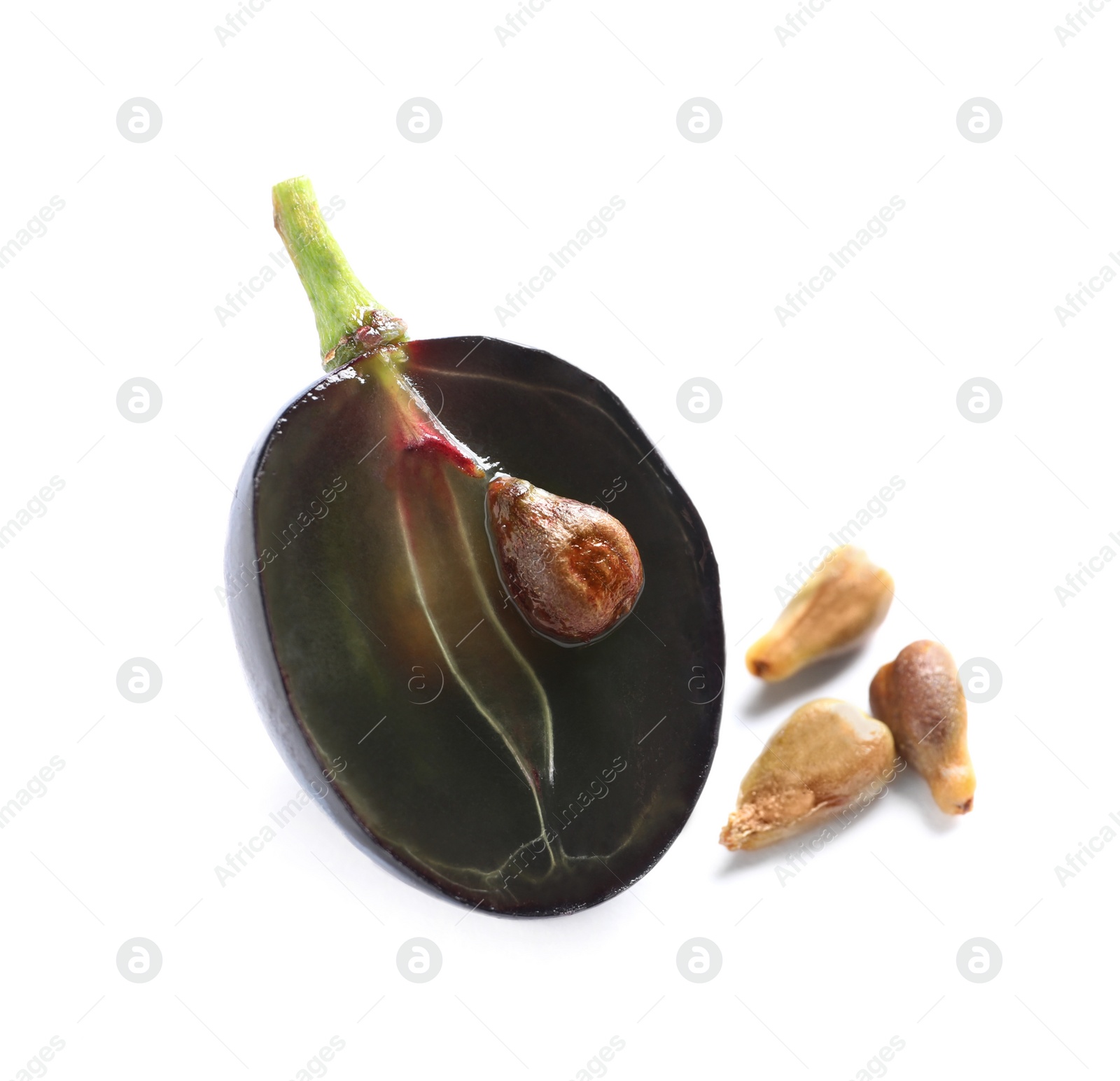 Photo of Cut fresh ripe juicy grape with seeds on white background