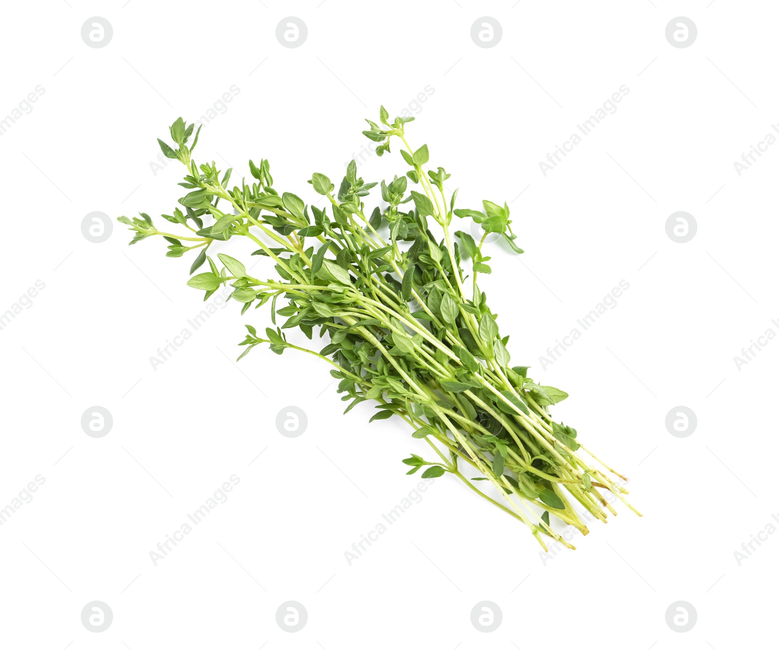 Photo of Bunch of aromatic thyme on white background, top view. Fresh herb