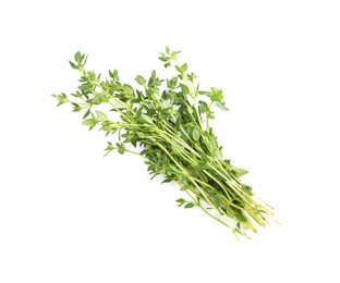 Photo of Bunch of aromatic thyme on white background, top view. Fresh herb