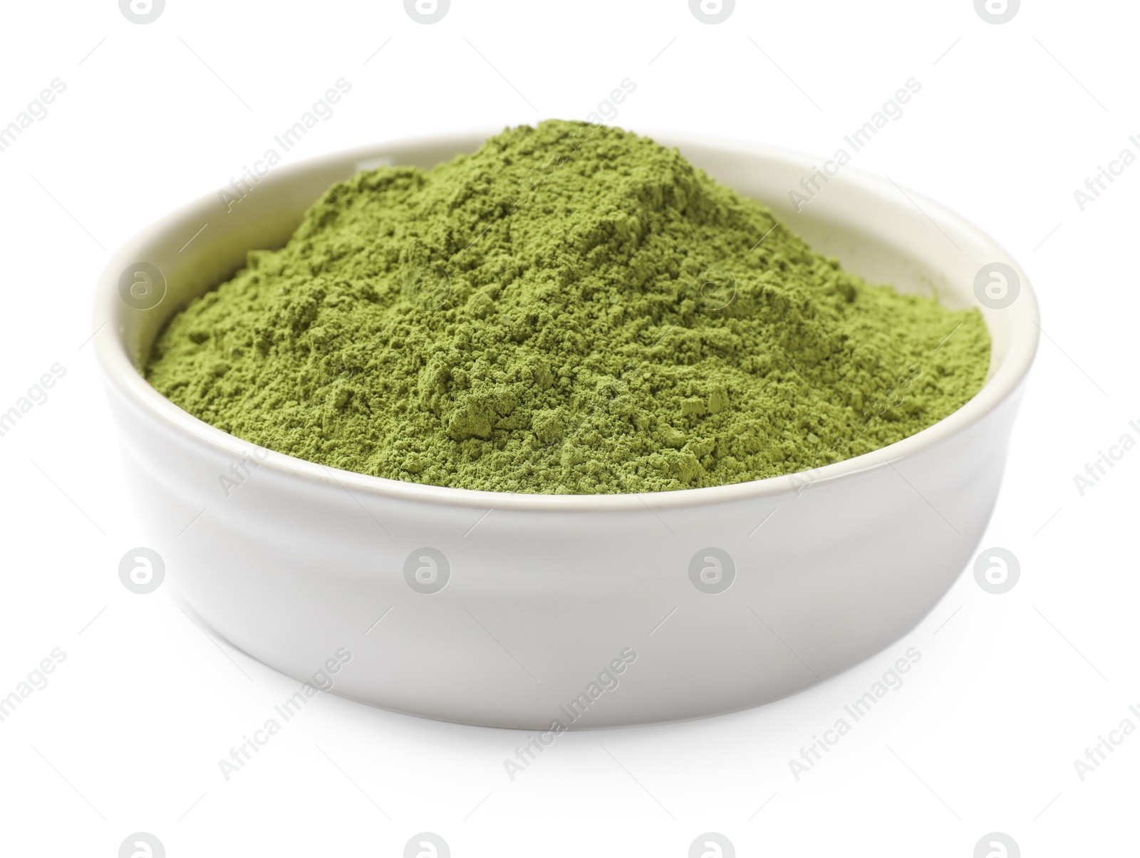 Photo of Green matcha powder in bowl isolated on white