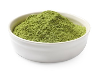 Photo of Green matcha powder in bowl isolated on white