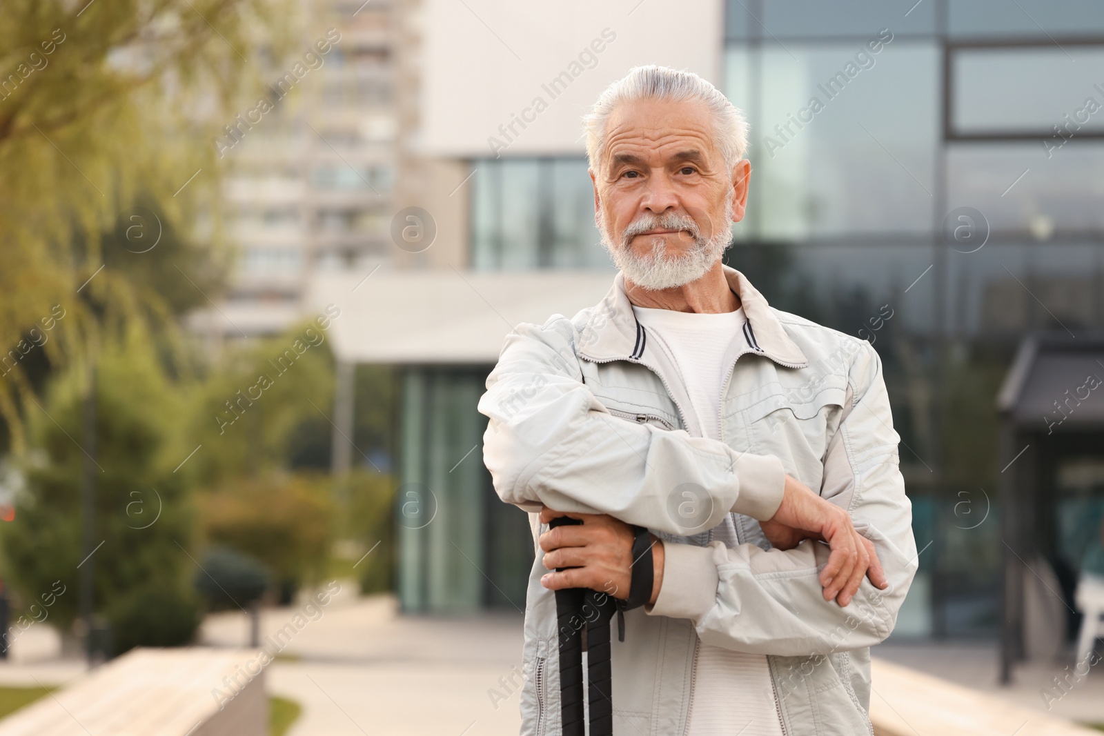 Photo of Senior man with Nordic walking poles outdoors, space for text