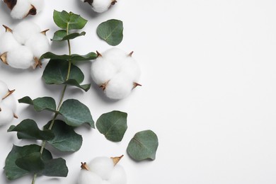 Photo of Fluffy cotton flowers and eucalyptus leaves on white background, flat lay. Space for text