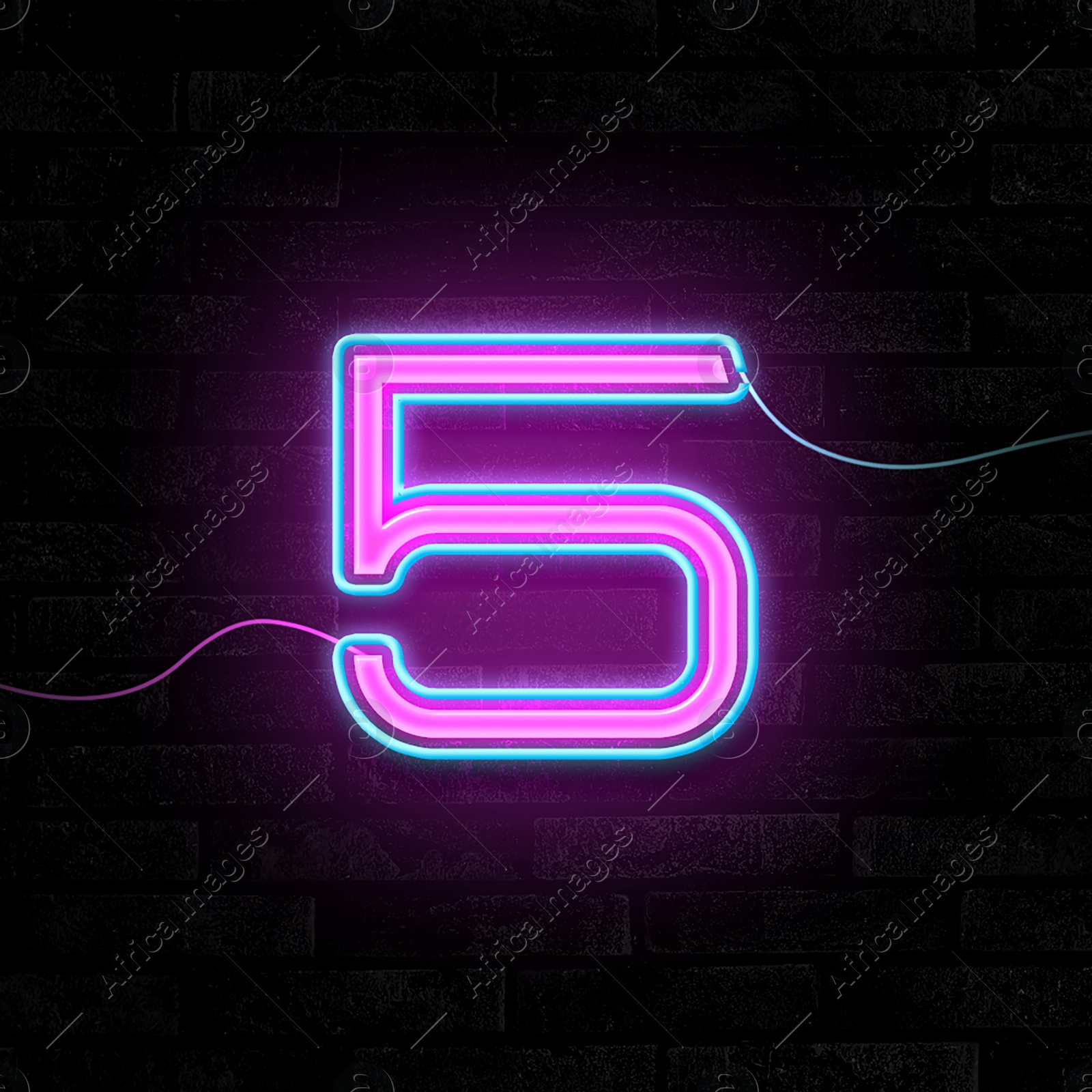 Image of Glowing neon number 5 sign on brick wall