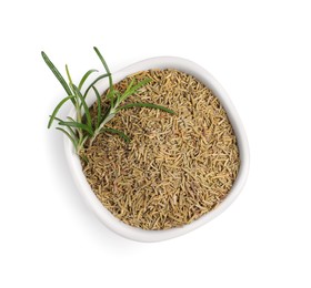 Photo of Bowl of fresh and dry rosemary isolated on white, top view