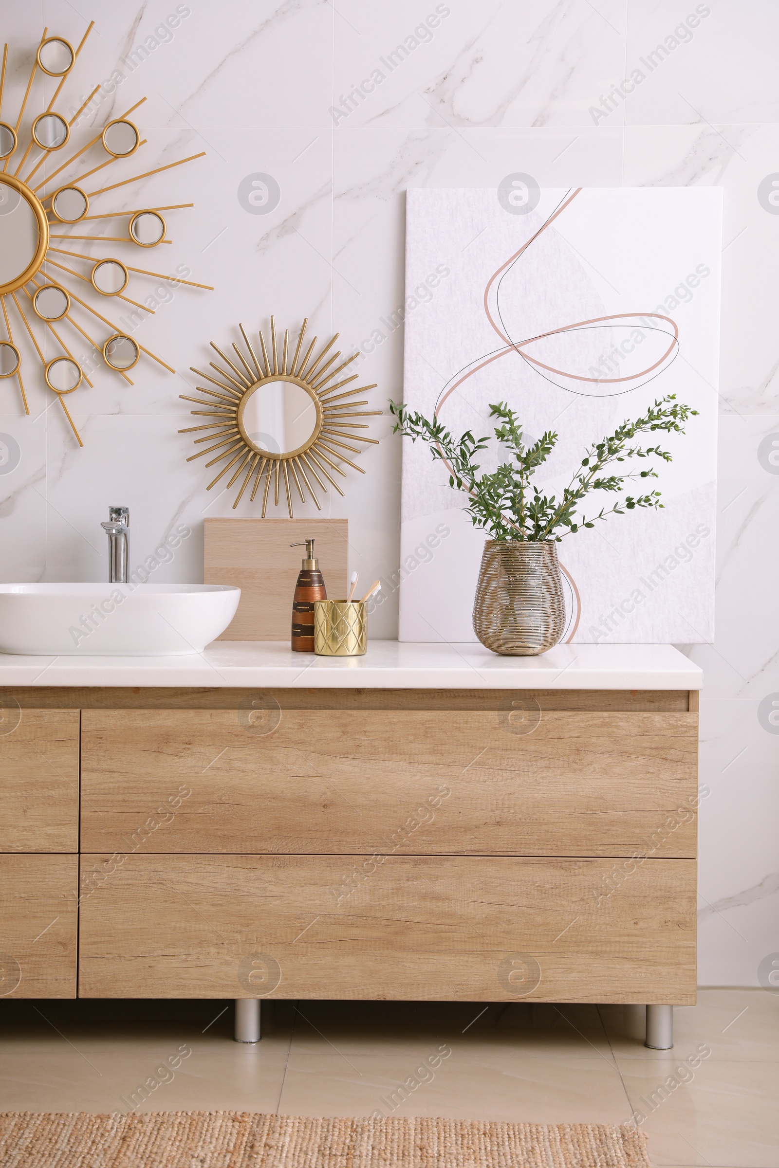 Photo of Modern bathroom interior with stylish mirror and vessel sink