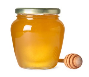 Photo of Tasty natural honey in glass jar and dipper isolated on white