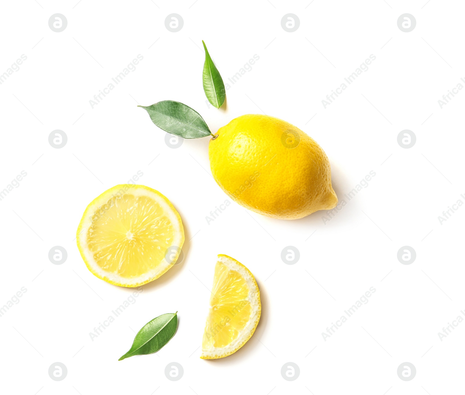 Photo of Flat lay composition with lemons and leaves on white background