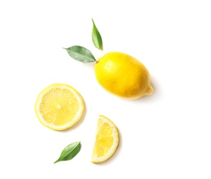 Photo of Flat lay composition with lemons and leaves on white background