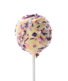 Sweet cake pop decorated with sprinkles isolated on white. Delicious confectionery