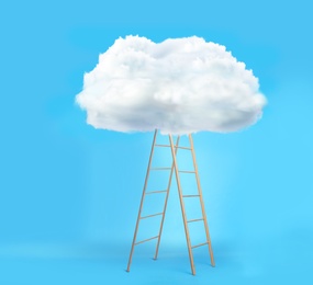 Wooden ladder with cloud on light blue background. Conceptual design 