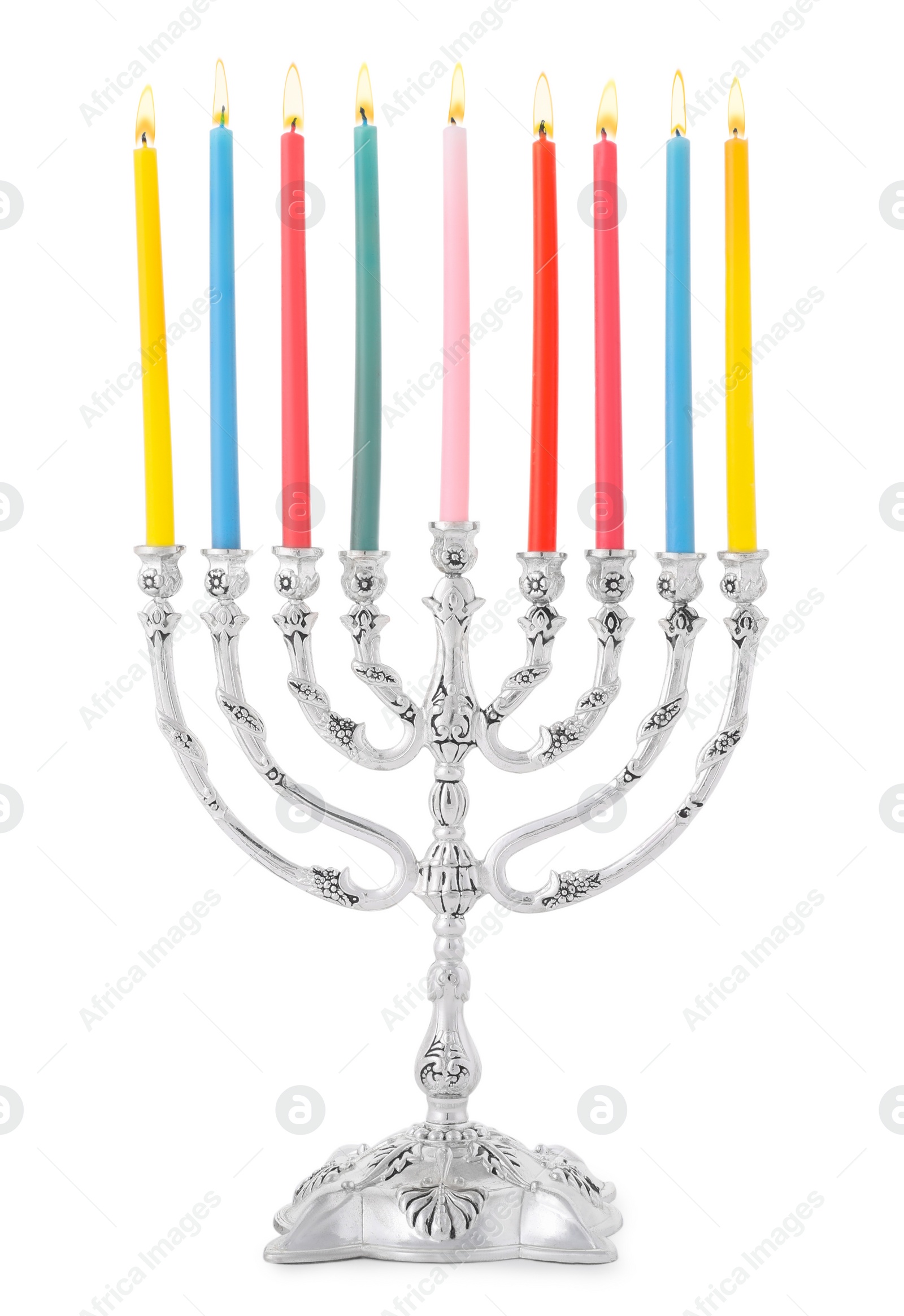 Photo of Menorah with burning candles isolated on white. Hanukkah symbol