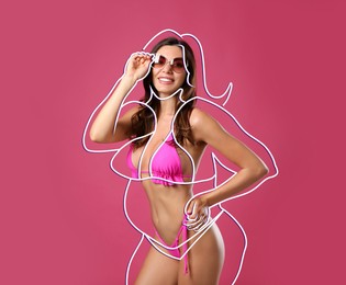 Image of Beautiful slim woman after weight loss on pink background 