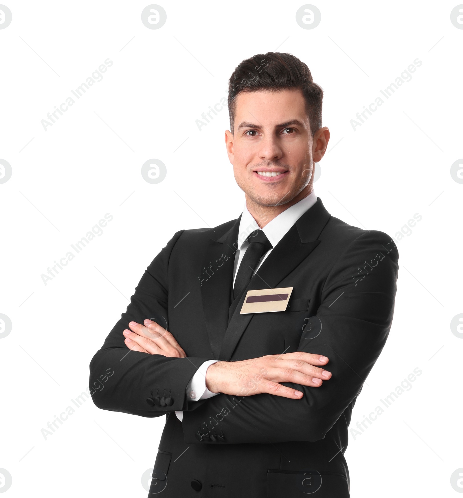 Photo of Portrait of happy receptionist in uniform on white background