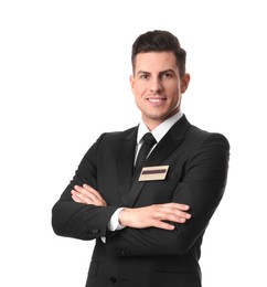 Photo of Portrait of happy receptionist in uniform on white background