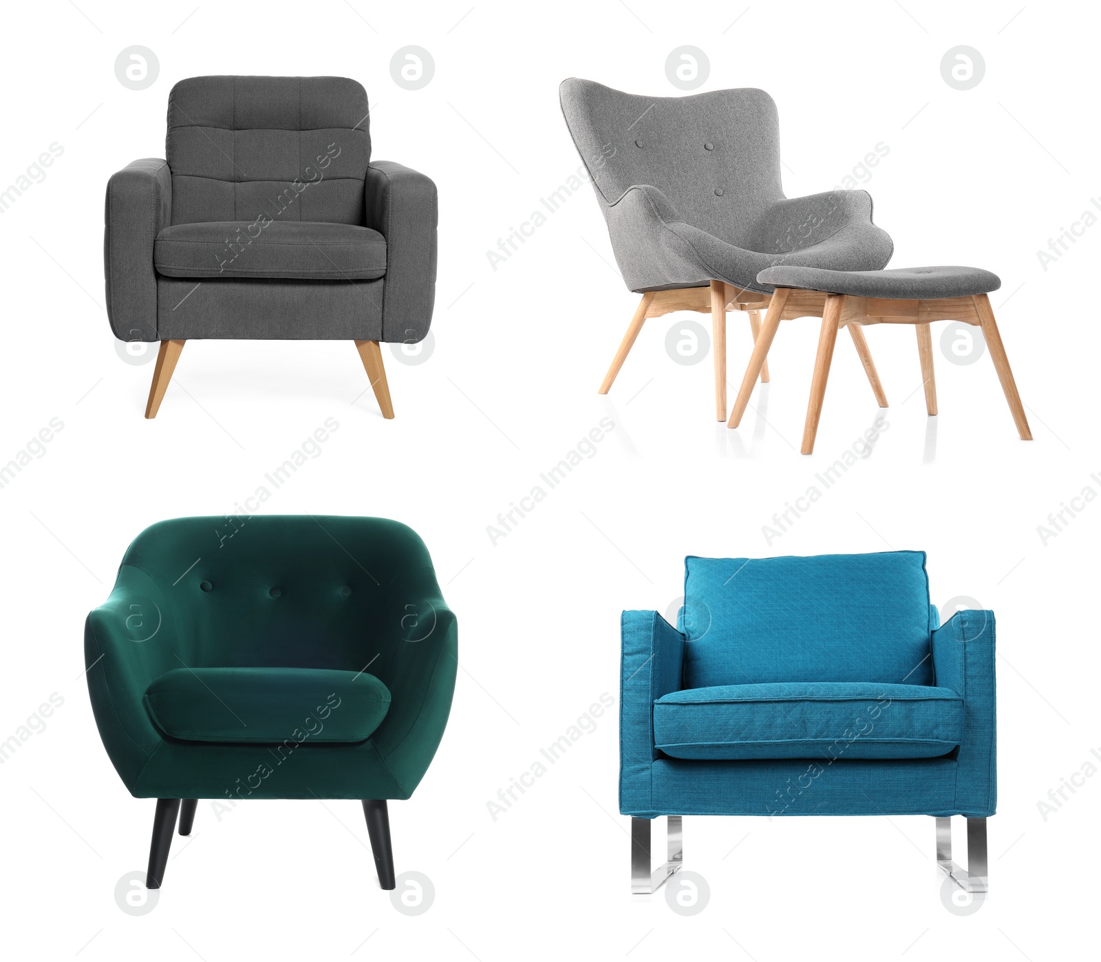 Image of Different comfortable armchairs isolated on white, set