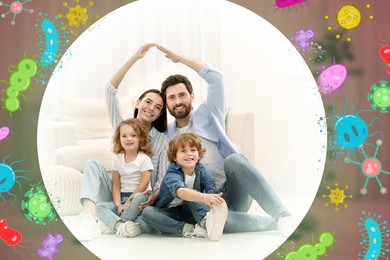 Image of Happy family with strong immunity at home. Bubble around them blocking viruses, illustration