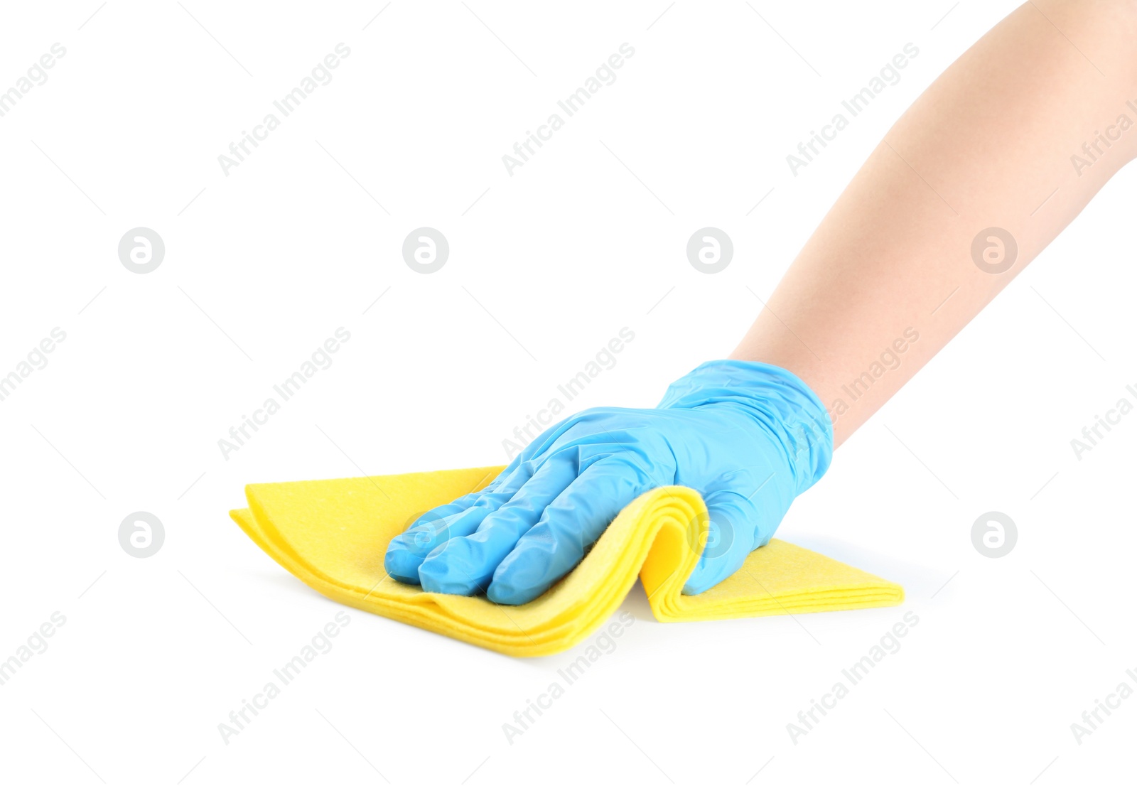 Photo of Woman in blue latex gloves with rag on white background, closeup of hand