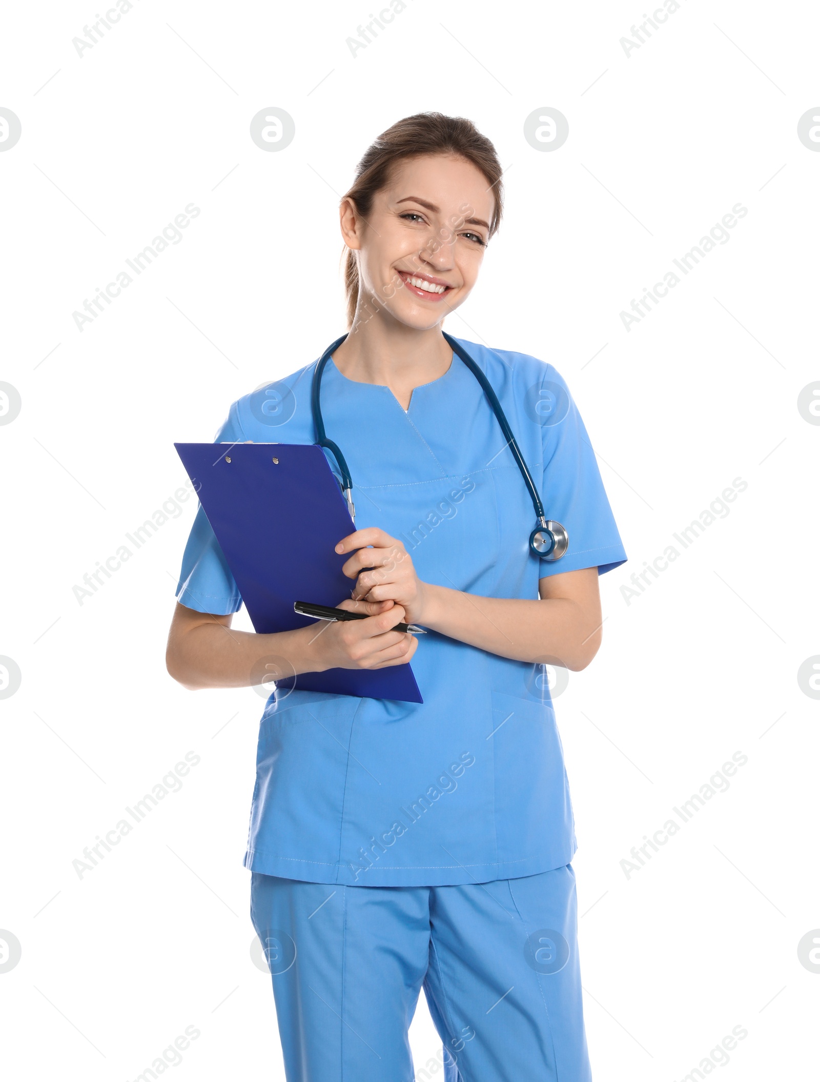 Photo of Portrait of medical doctor with clipboard and stethoscope isolated on white