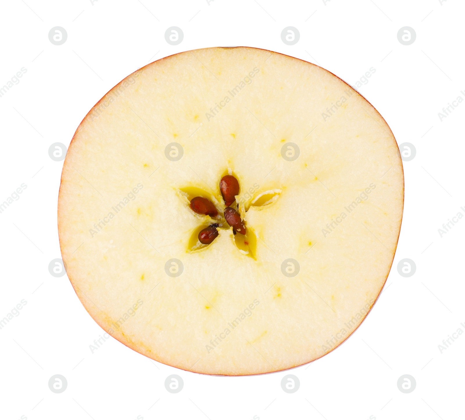 Photo of Slice of ripe red apple isolated on white, top view