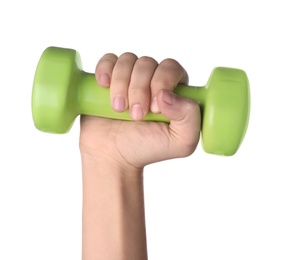Photo of Woman holding vinyl dumbbell on white background, closeup