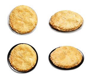 Image of Set of traditional delicious galettes des rois on white background