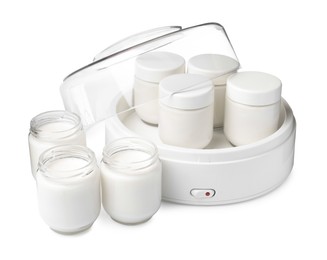 Photo of Modern yogurt maker with full jars on white background