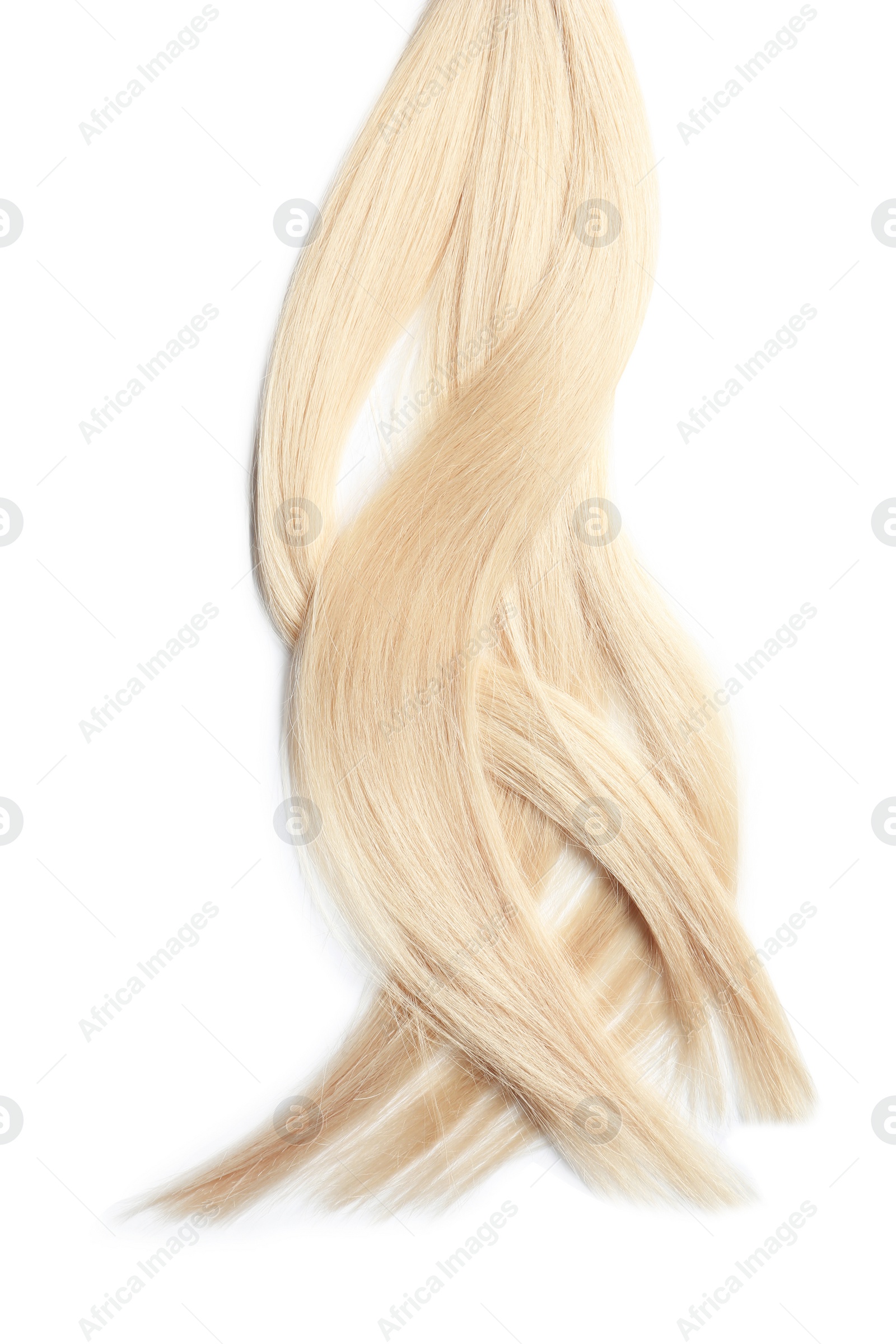 Photo of Locks of healthy blond hair on white background