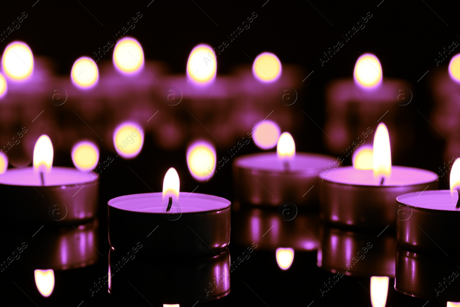 Image of Burning violet candle on black background, closeup. Funeral attributes