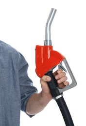 Photo of Man with fuel nozzle on white background, closeup. Gas station