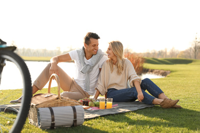 Happy young couple having picnic near lake on sunny day
