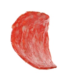 Slice of tasty salami on white background