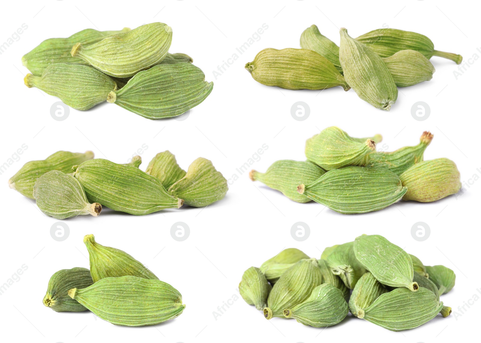 Image of Set with cardamom seeds on white background