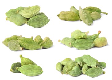 Set with cardamom seeds on white background