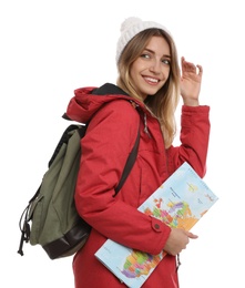 Woman with map and backpack on white background. Winter travel
