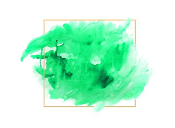 Image of Blot of green watercolor paint and frame on white background