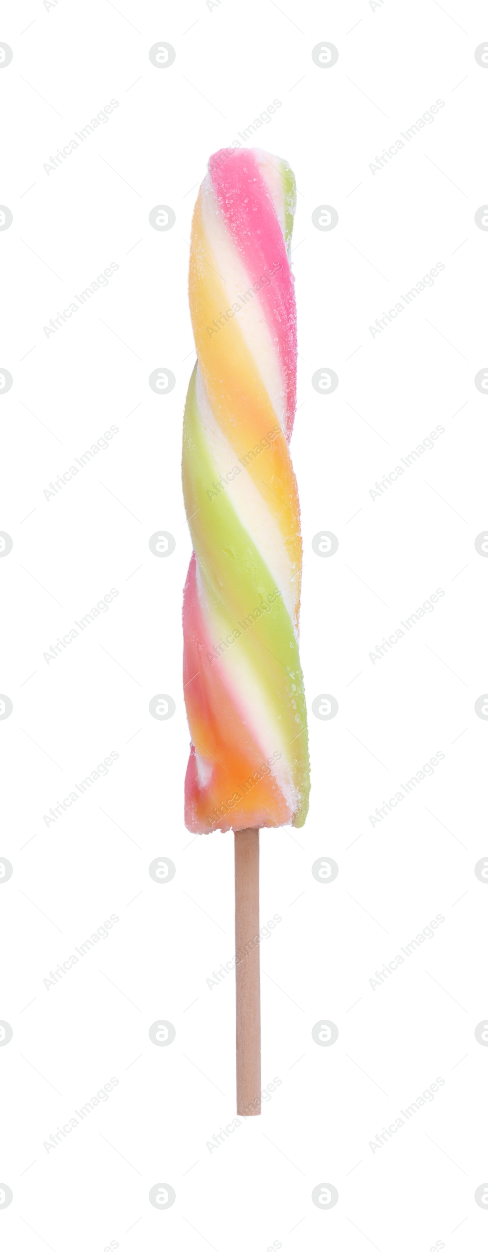 Photo of Delicious ice pop on white background, top view. Fruit popsicle