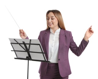 Photo of Music teacher with baton and note stand on white background