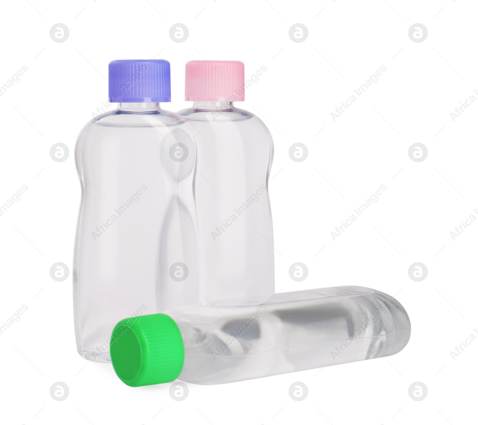 Photo of Transparent bottles with baby oil isolated on white