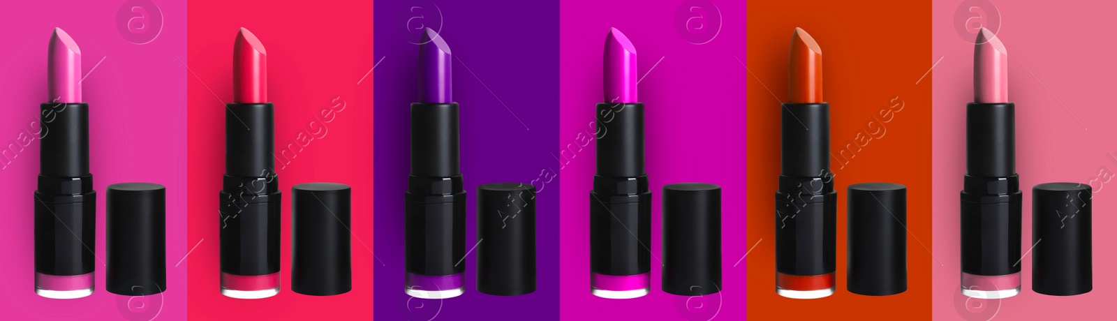 Image of Set with beautiful lipsticks on different color backgrounds. Banner design