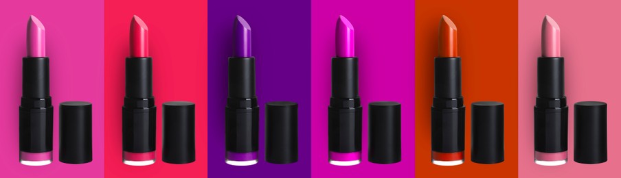 Image of Set with beautiful lipsticks on different color backgrounds. Banner design